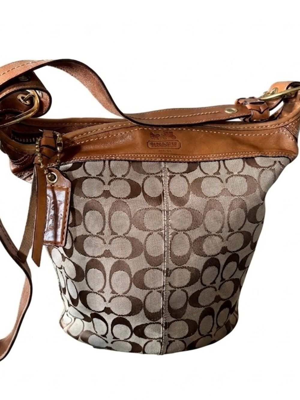 Coach Tan and Brown Signature Canvas Bleeker Bucket Shoulder Bag